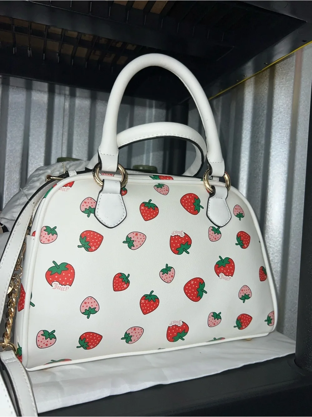 Juicy Couture White Strawberry Print Satchel with Red Charm